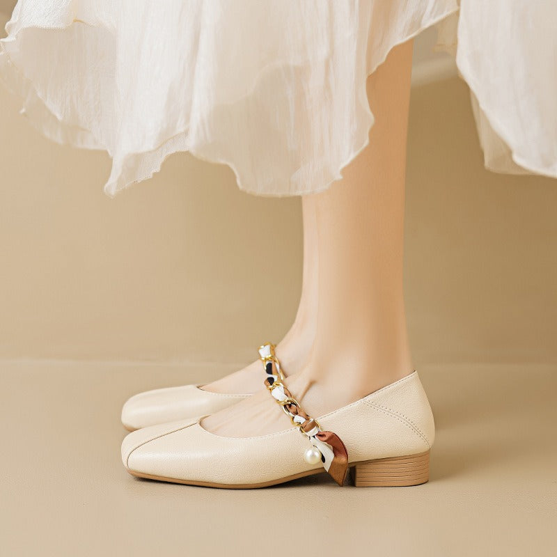 Square Toe Mary Jane Pearl Low Heels