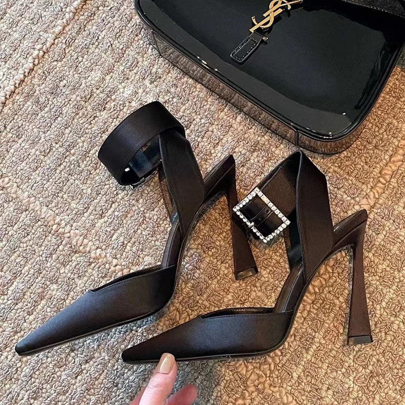 Black Square-Toed Stiletto Satin Shoes