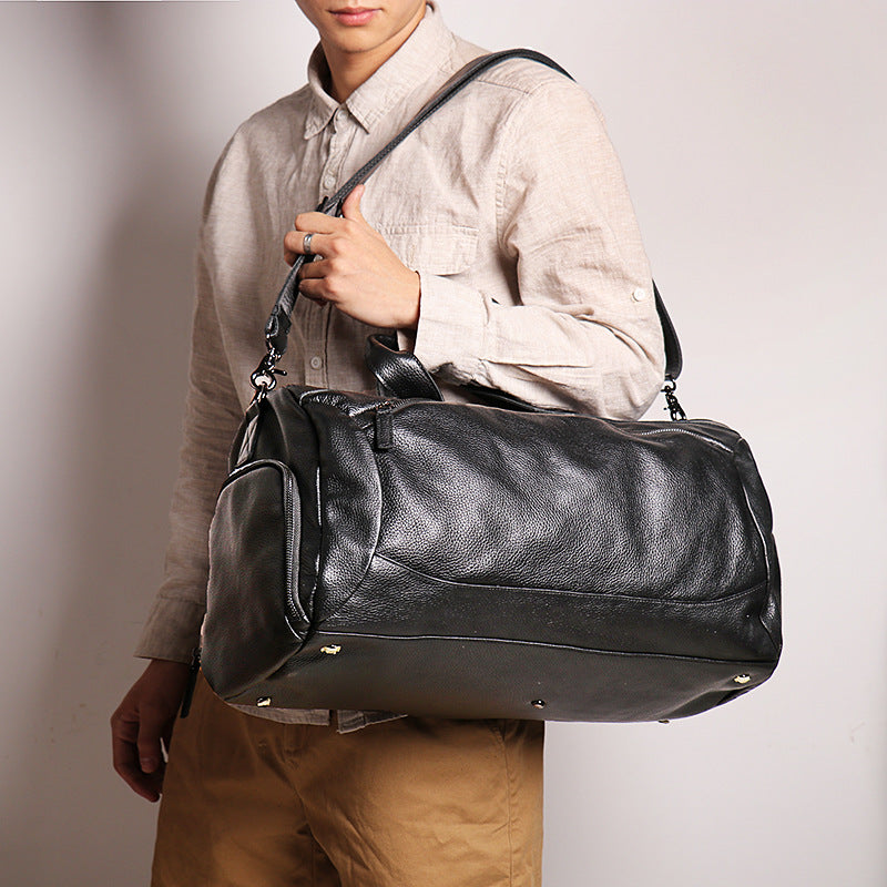 Black Leather Traveling Duffle Bag