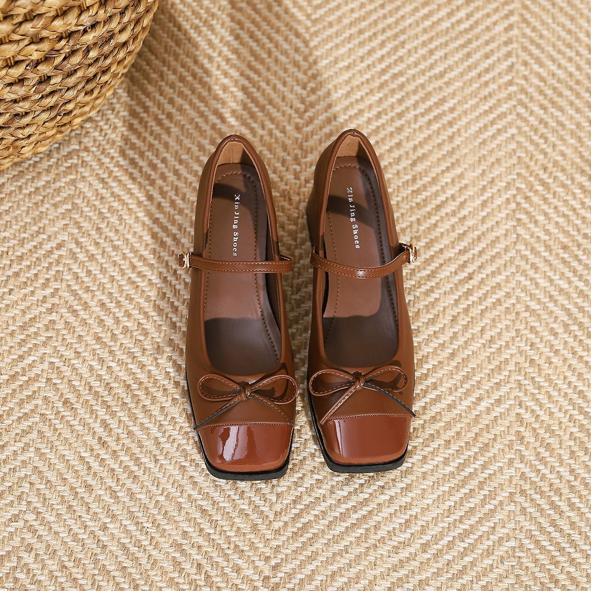 Bowknot Patchwork Thick Heel Shoes Mid-Heel Shoes