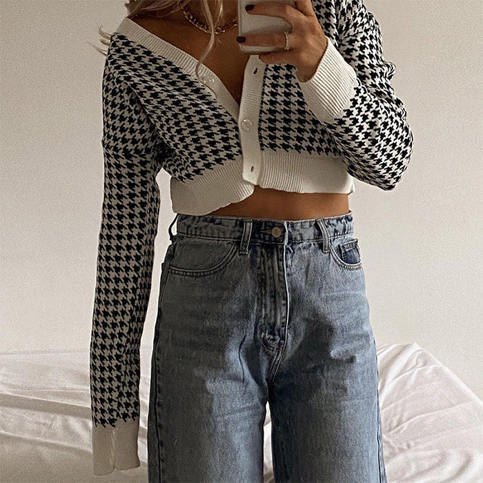 Dogtooth Check Crop Cardigan