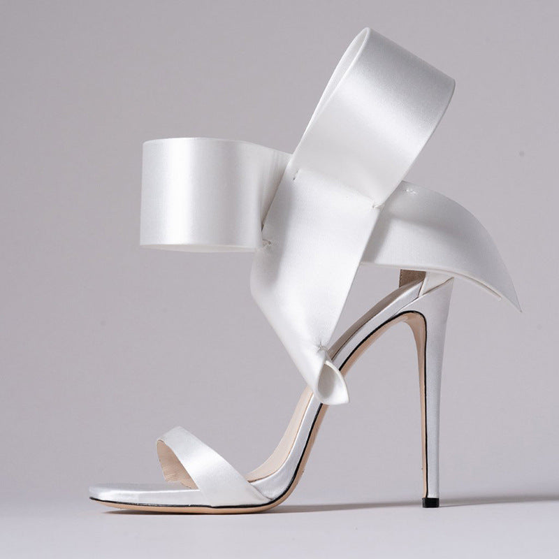 Bow Strap Stiletto Sandals - White