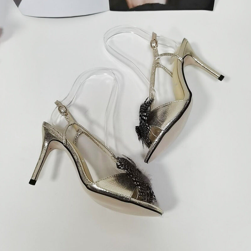 Open-Toe Floral Feather Stiletto Sandals