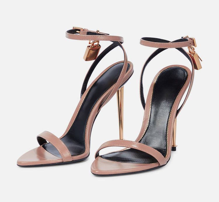 Narrow Strap Metal Ankle Sandals - Apricot