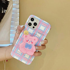 Funda para iPhone con diseño de oso pastel a cuadros 