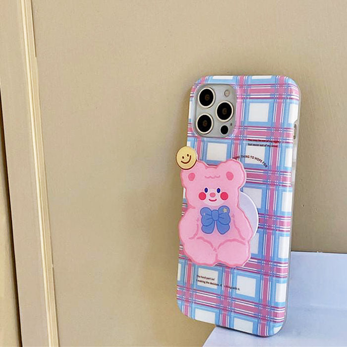 Funda para iPhone con diseño de oso pastel a cuadros 