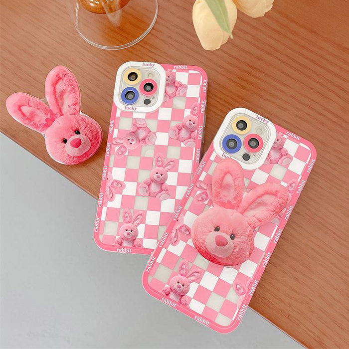 Funda para iPhone con diseño de conejito rosa a cuadros 