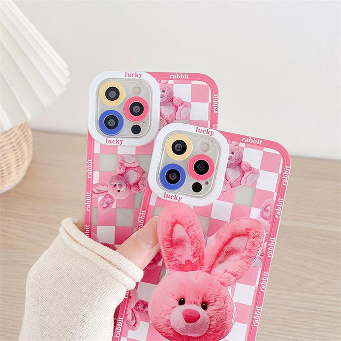 Funda para iPhone con diseño de conejito rosa a cuadros 