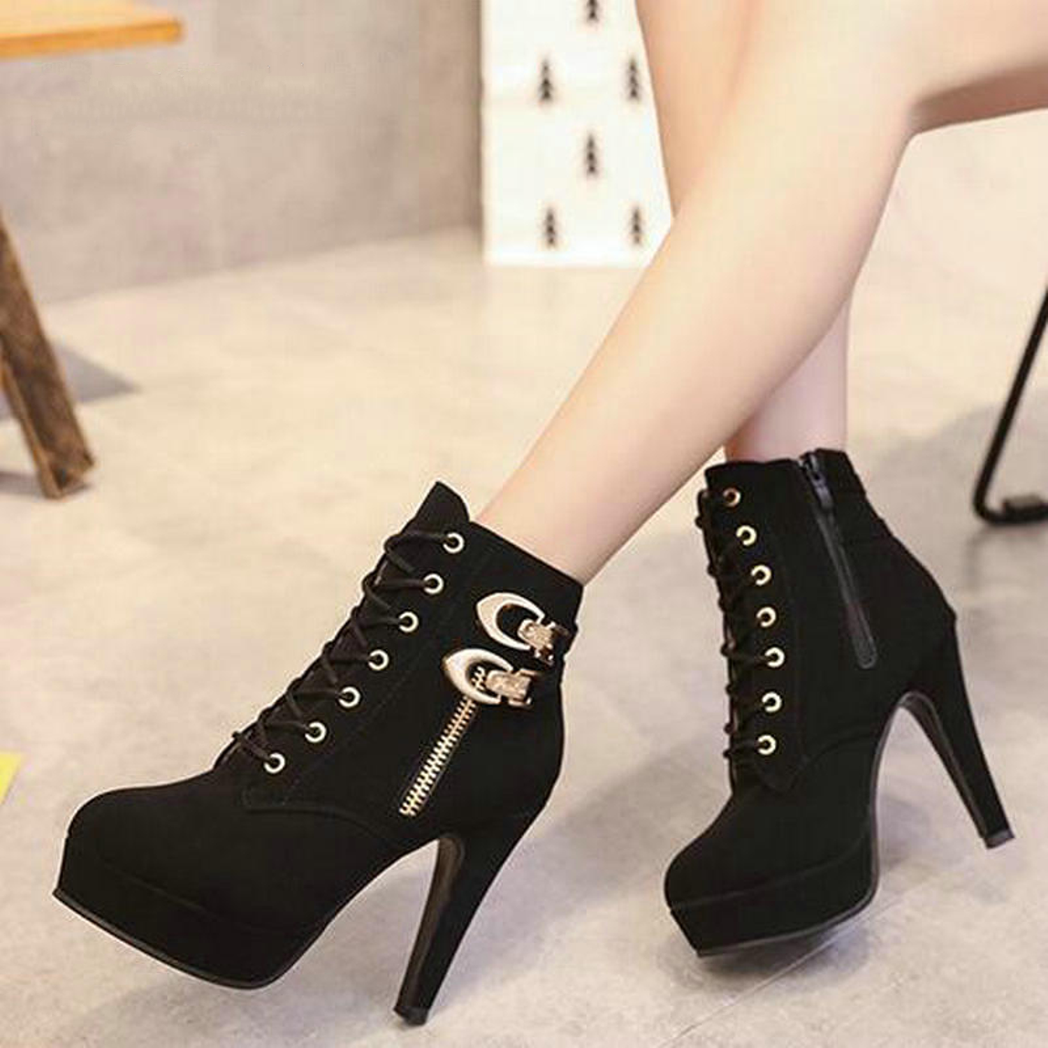 Casual High Heel Lace Up Ankle Boots With Buckles