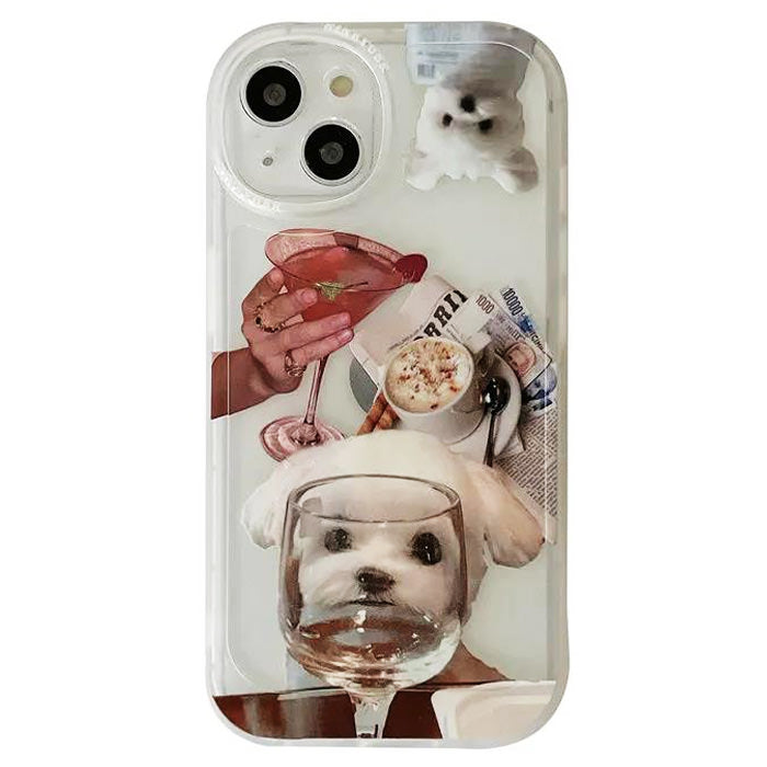 Funda para iPhone con diseño de cachorro y copa de vino