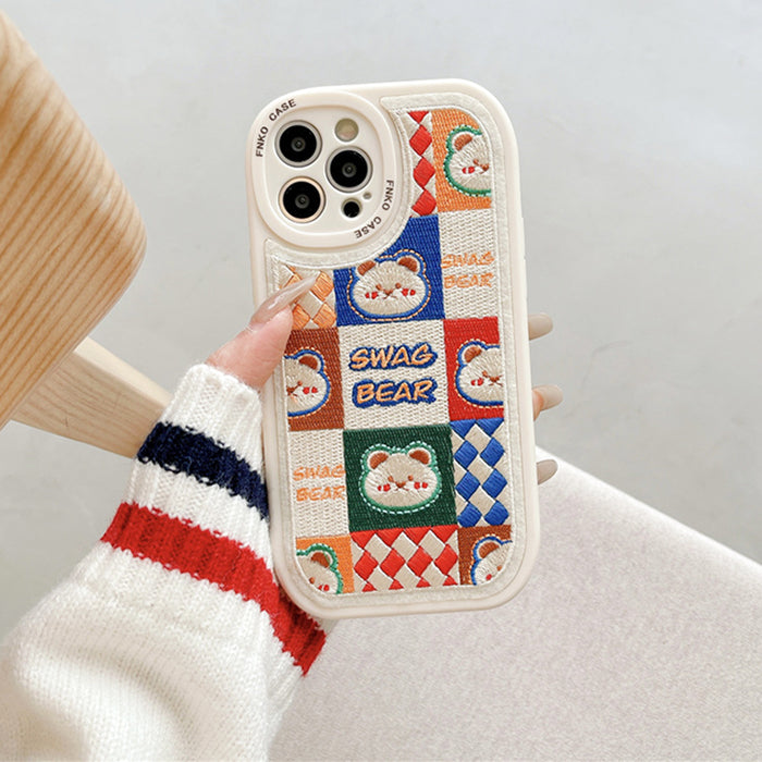 Funda para iPhone con bordado de conejo y oso