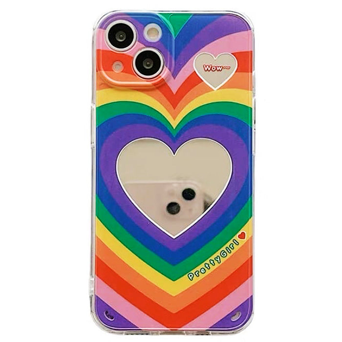 Funda para iPhone con espejo y corazón arcoíris