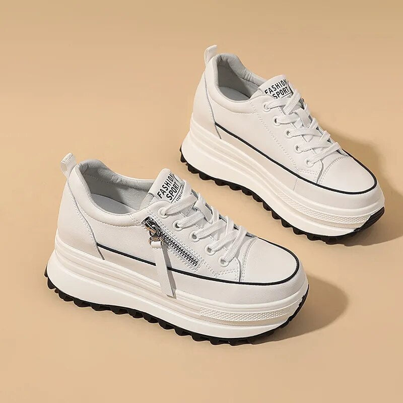 7 cm Plateau-Sneakers aus echtem Leder für Damen