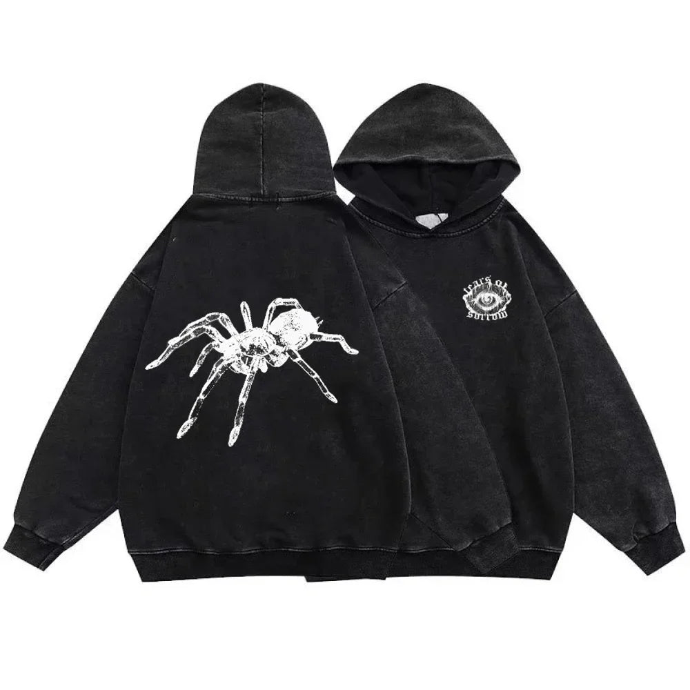 Verwaschener schwarzer Hoodie, Gothic-Baumwollpullover, Streetwear für Männer und Frauen