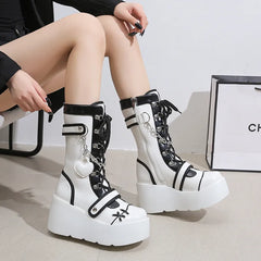 Botas de plataforma con cuña para mujer, estilo punk, estilo gótico en blanco y negro