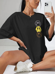 Camiseta de algodón de cuello redondo extragrande para mujer con estampado de cara triste
