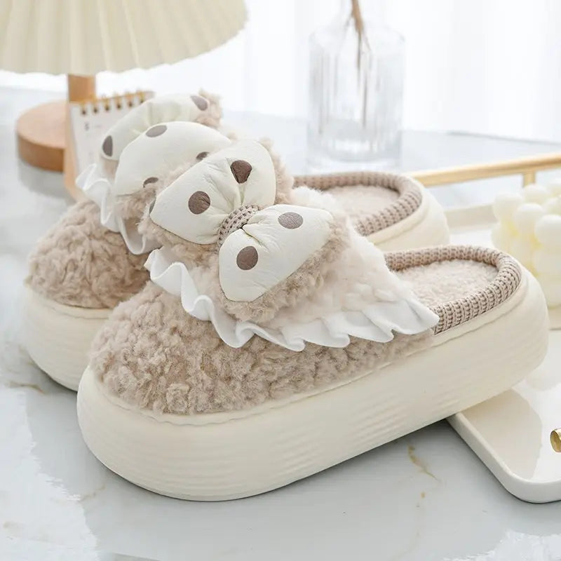 Winter Indoor Fur Platform Bowknot Slippers for Women