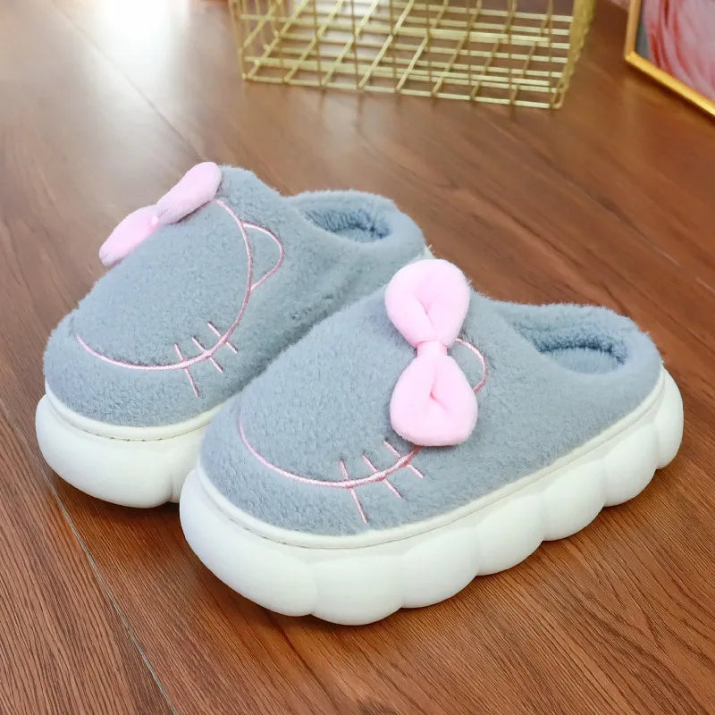 Winter Indoor Fur Platform Bowknot Slippers for Women