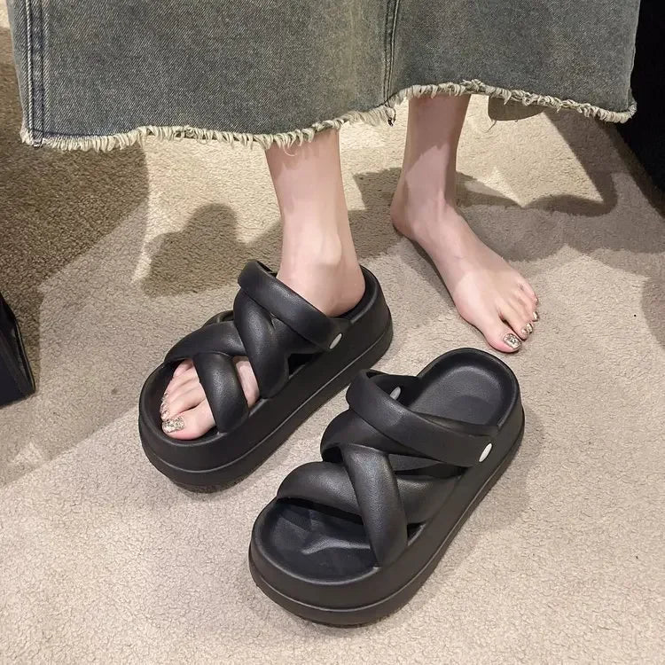 Slide Sandals Heightened with Crossover for Women