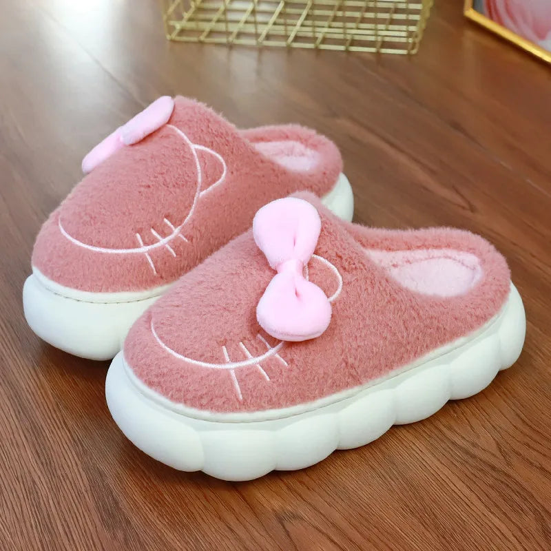 Winter Indoor Fur Platform Bowknot Slippers for Women