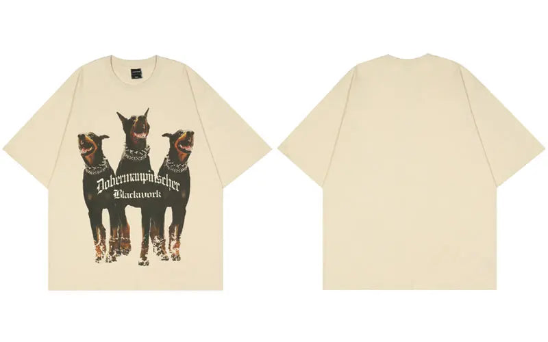Camiseta de algodón con estampado de dóberman de gran tamaño para hombre