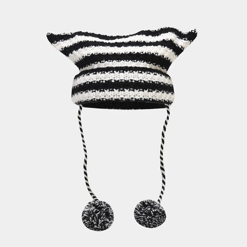 Knit Striped Beanie Cozy Headwear Cute Cat Ears Essential