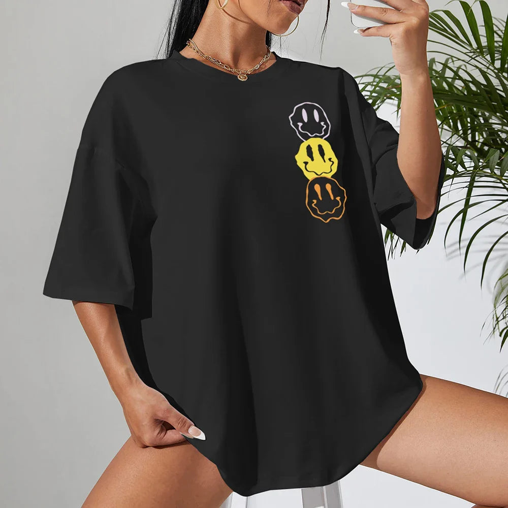 Camiseta de algodón de cuello redondo extragrande para mujer con estampado de cara triste