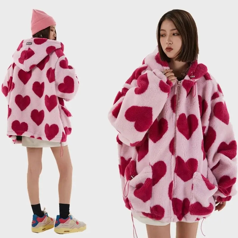 Student Hoodie Cotton Women's Hearts Print Fur Jacket