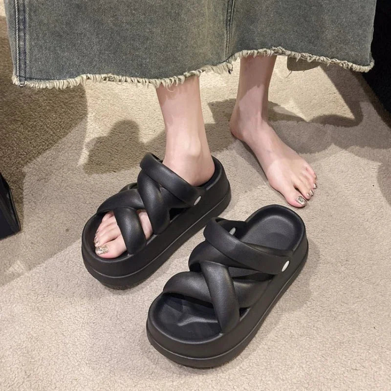 Slide Sandals Heightened with Crossover for Women