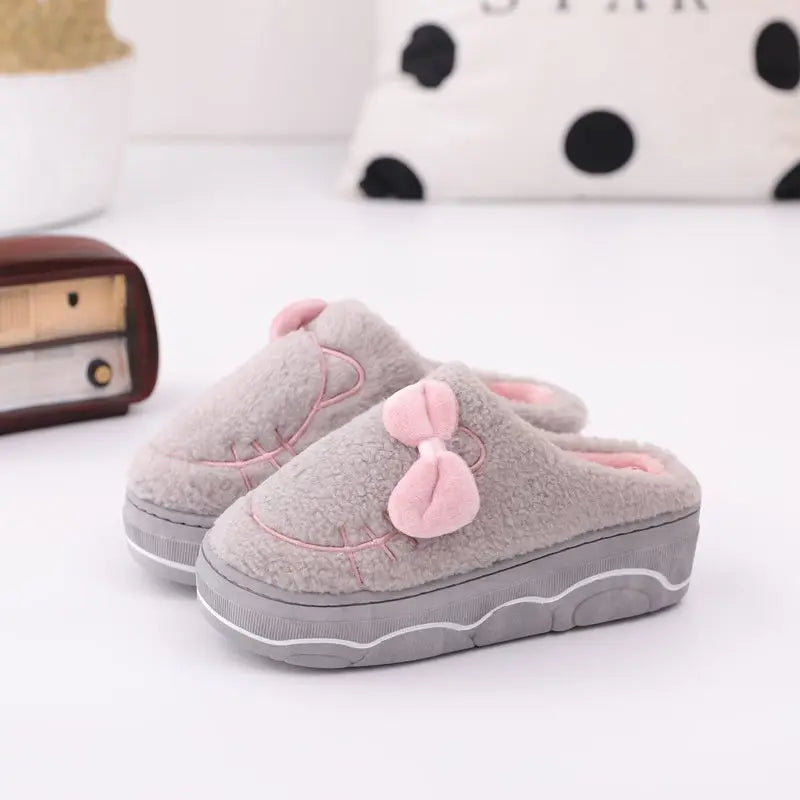 Winter Indoor Fur Platform Bowknot Slippers for Women