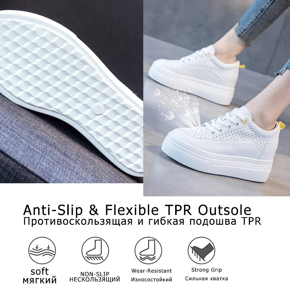 Zapatillas de plataforma de piel auténtica para mujer de 8 cm