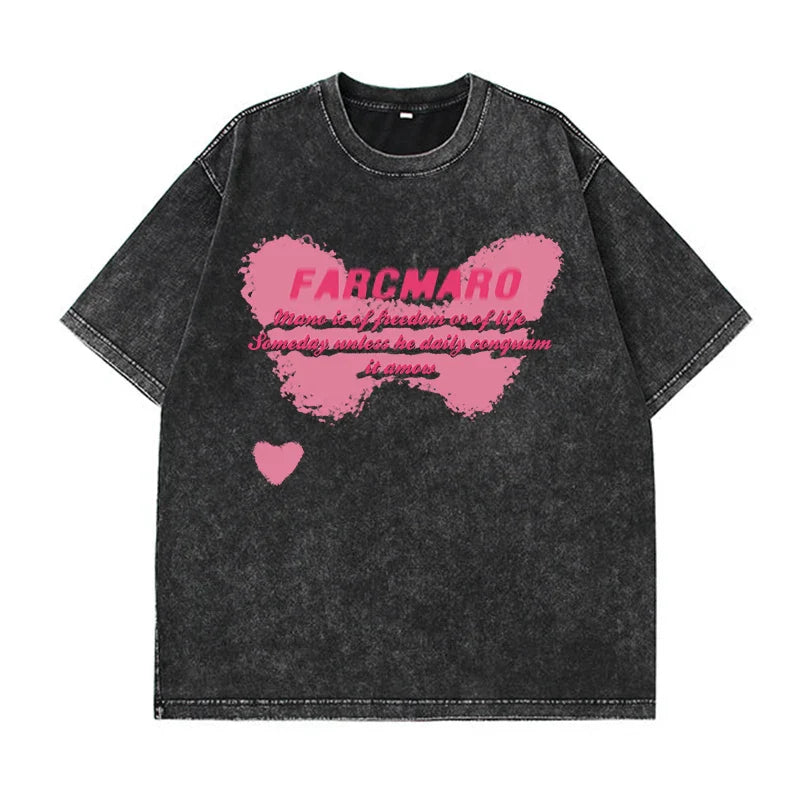 Camiseta holgada con estampado vintage y lavado ácido para mujer