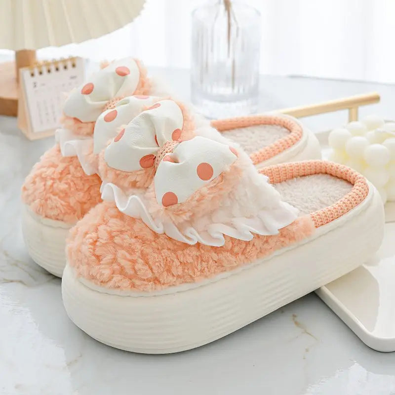 Winter Indoor Fur Platform Bowknot Slippers for Women