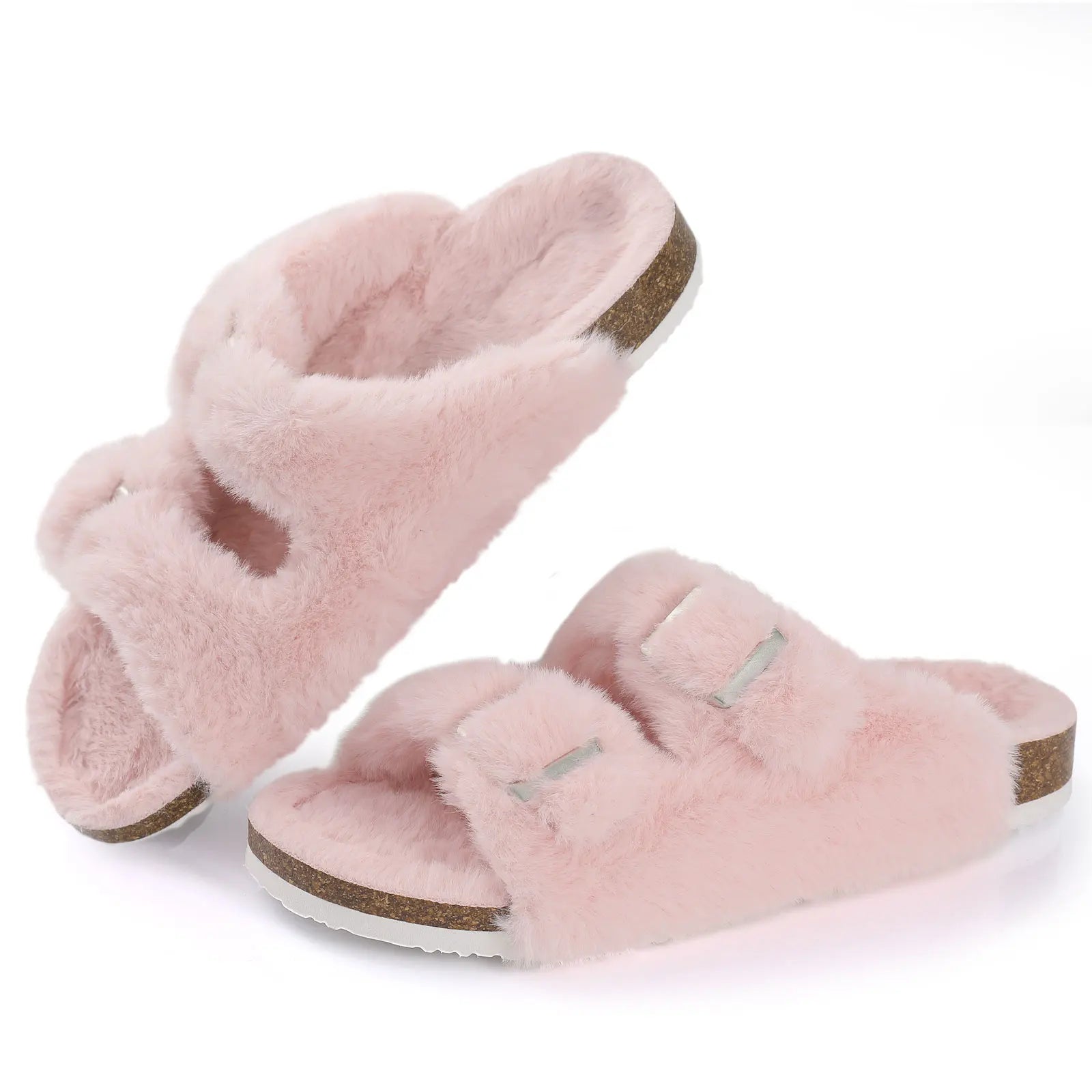 Pantuflas con suela de corcho para mujer con forro de pelo