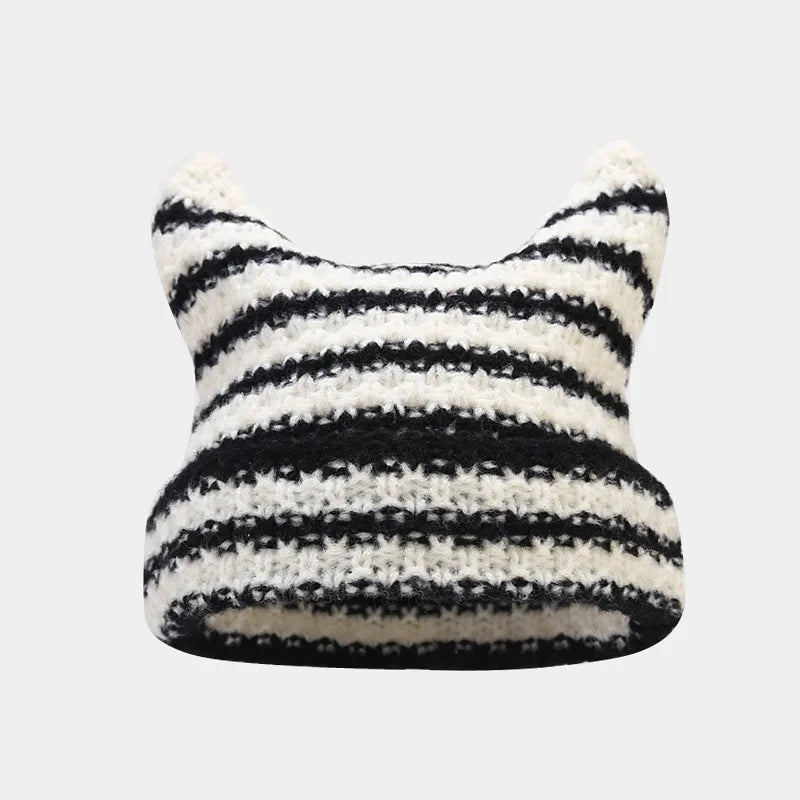 Gorro de punto a rayas, acogedor, con orejas de gato, esencial