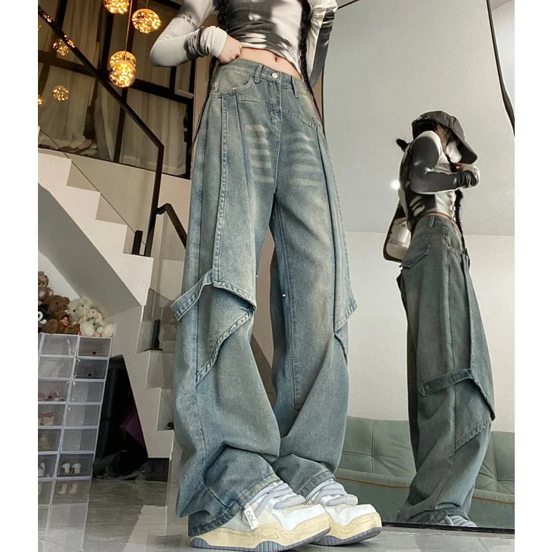 Baggy-Jeans in Blau mit hoher Taille und weitem Bein