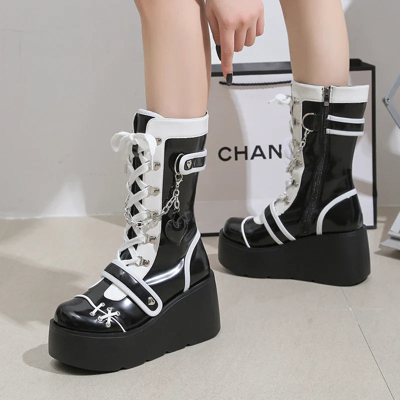 Botas de plataforma con cuña para mujer, estilo punk, estilo gótico en blanco y negro