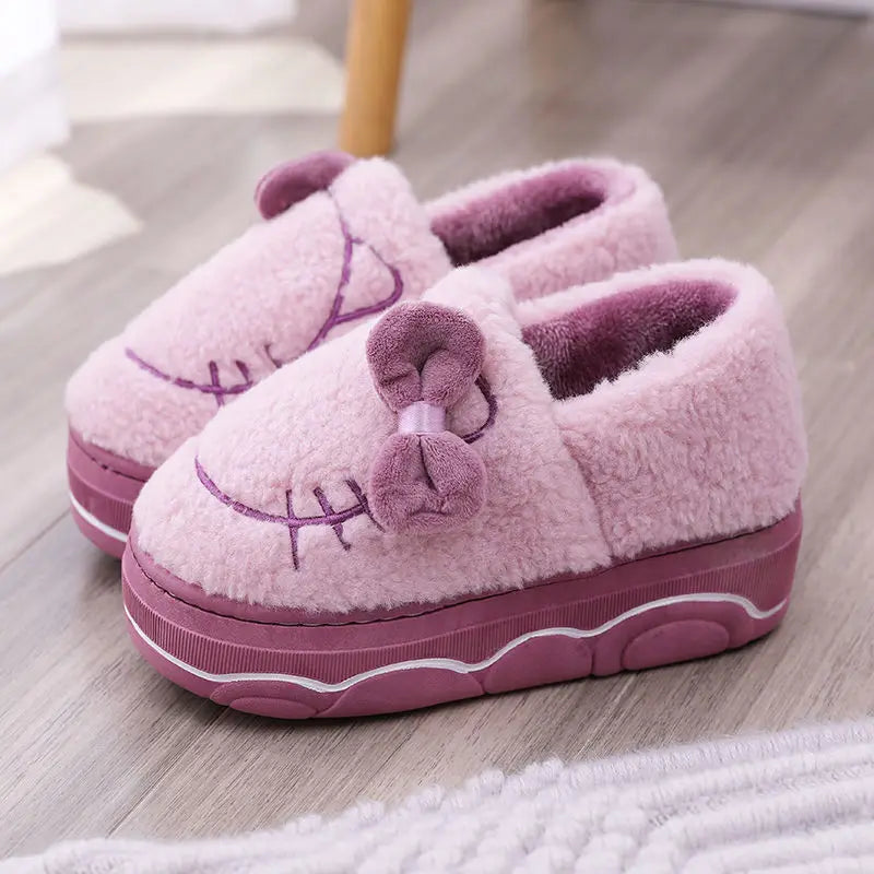 Pantuflas de invierno con plataforma de piel y lazo para mujer