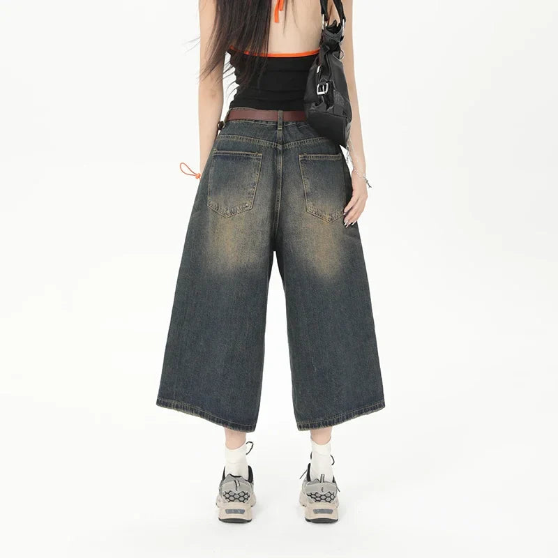 Vintage Streetwear Wide Leg Denim Shorts Y2K Fashion Loose Knee-Length Pants