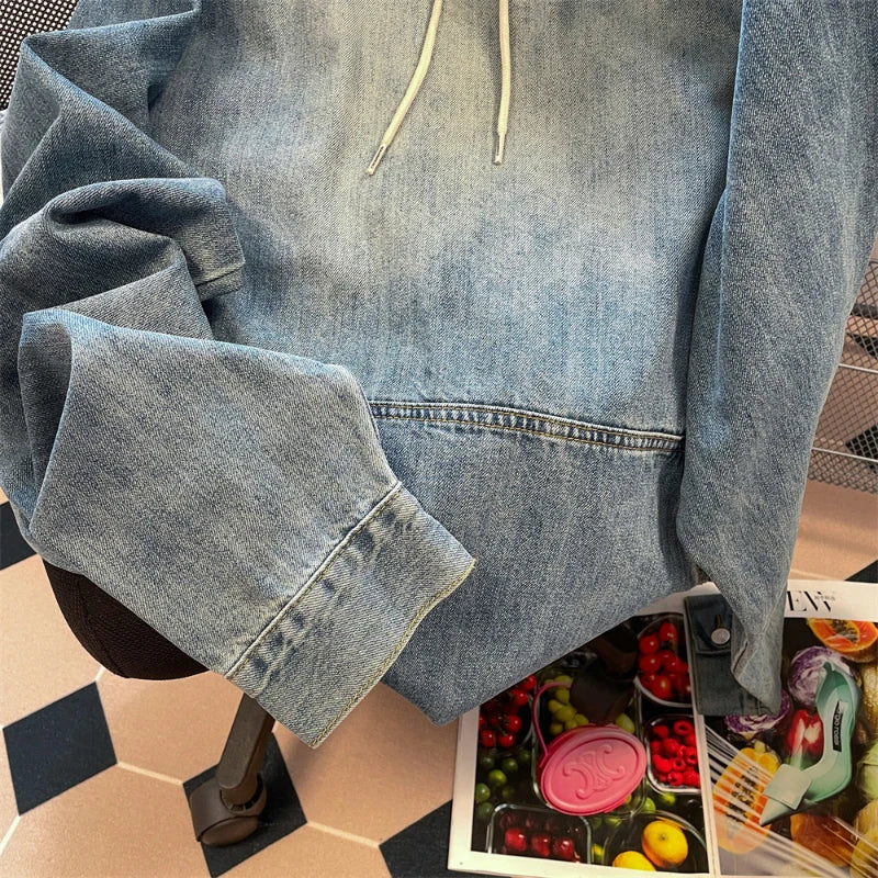 Vintage-Jeans-Kapuzenpullover mit Raglanärmeln und großen Taschen, Unisex