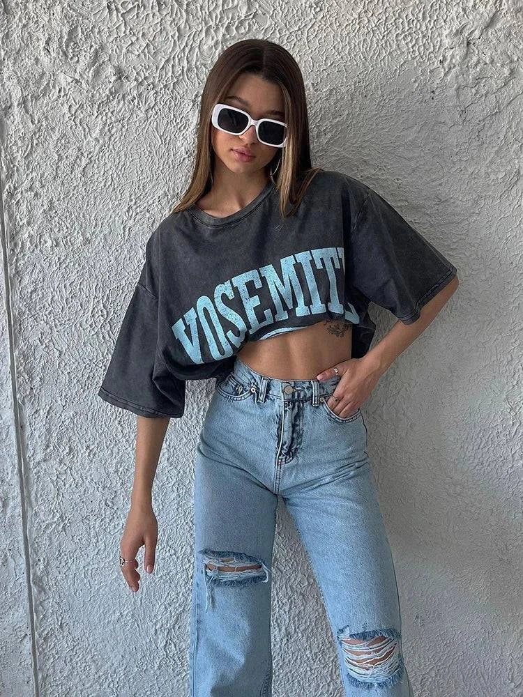 Camiseta vintage de algodón con lavado ácido para mujer
