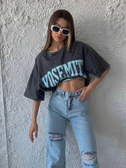 Camiseta vintage de algodón con lavado ácido para mujer