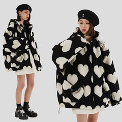 Student Hoodie Cotton Women's Hearts Print Fur Jacket