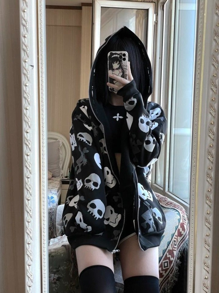 Sudadera con capucha y cremallera de calavera para mujer