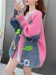 Loose Denim Patchwork Knit Jacket for Women