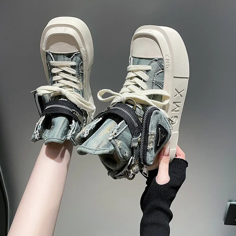 Botines de plataforma de lona vaquera gótica punk para mujer