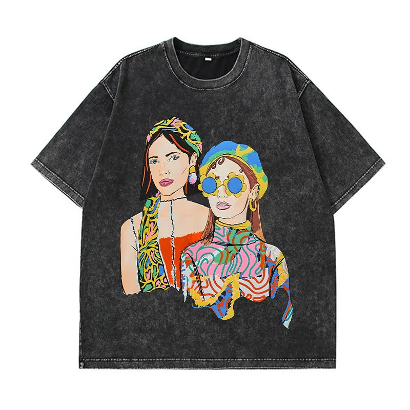 Camiseta holgada con estampado vintage y lavado ácido para mujer