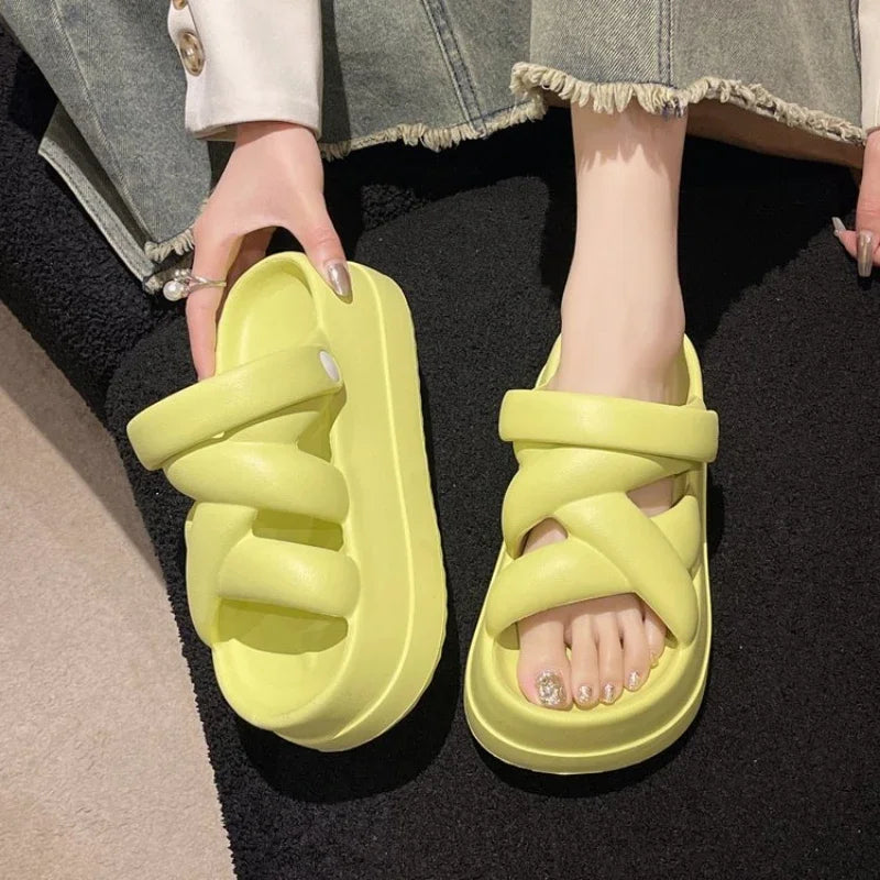 Slide Sandals Heightened with Crossover for Women