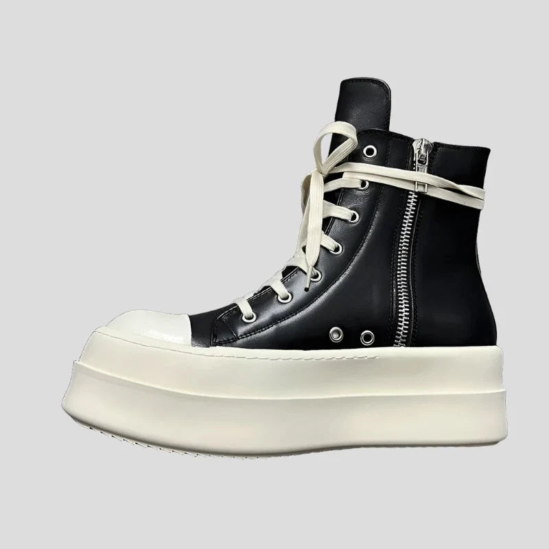 High Top Unisex Leather Sneaker Motorcycle Boots Jumbo Lace-Up Zip Luxury