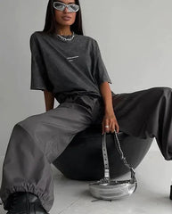 Camiseta holgada con estampado vintage y lavado ácido para mujer